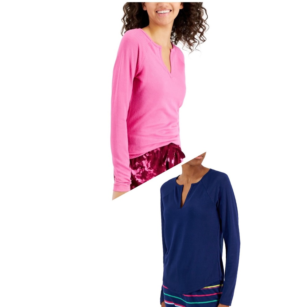 Jenni Women's Split-Neck Pajama Top Bundle of 2 - Navy‎ - Pink - Size Small